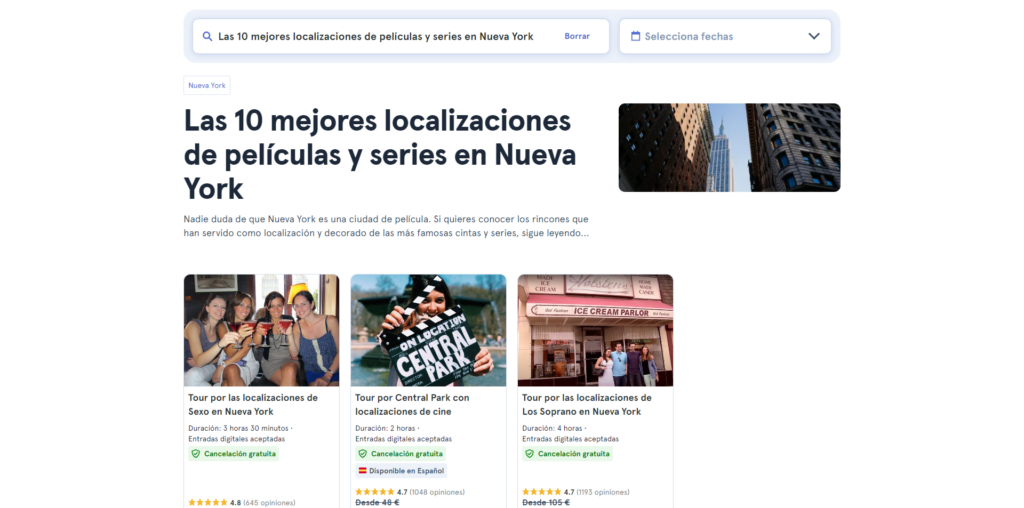 Página inicial de la web Hellotickets
para series ambientadas en nueva york